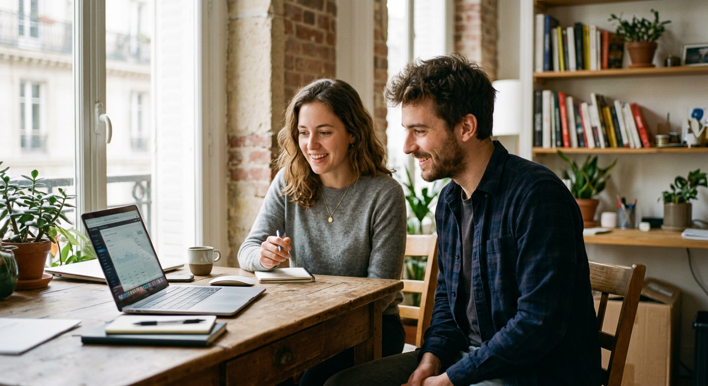 Two founders reviewing their equity plan together on a laptop